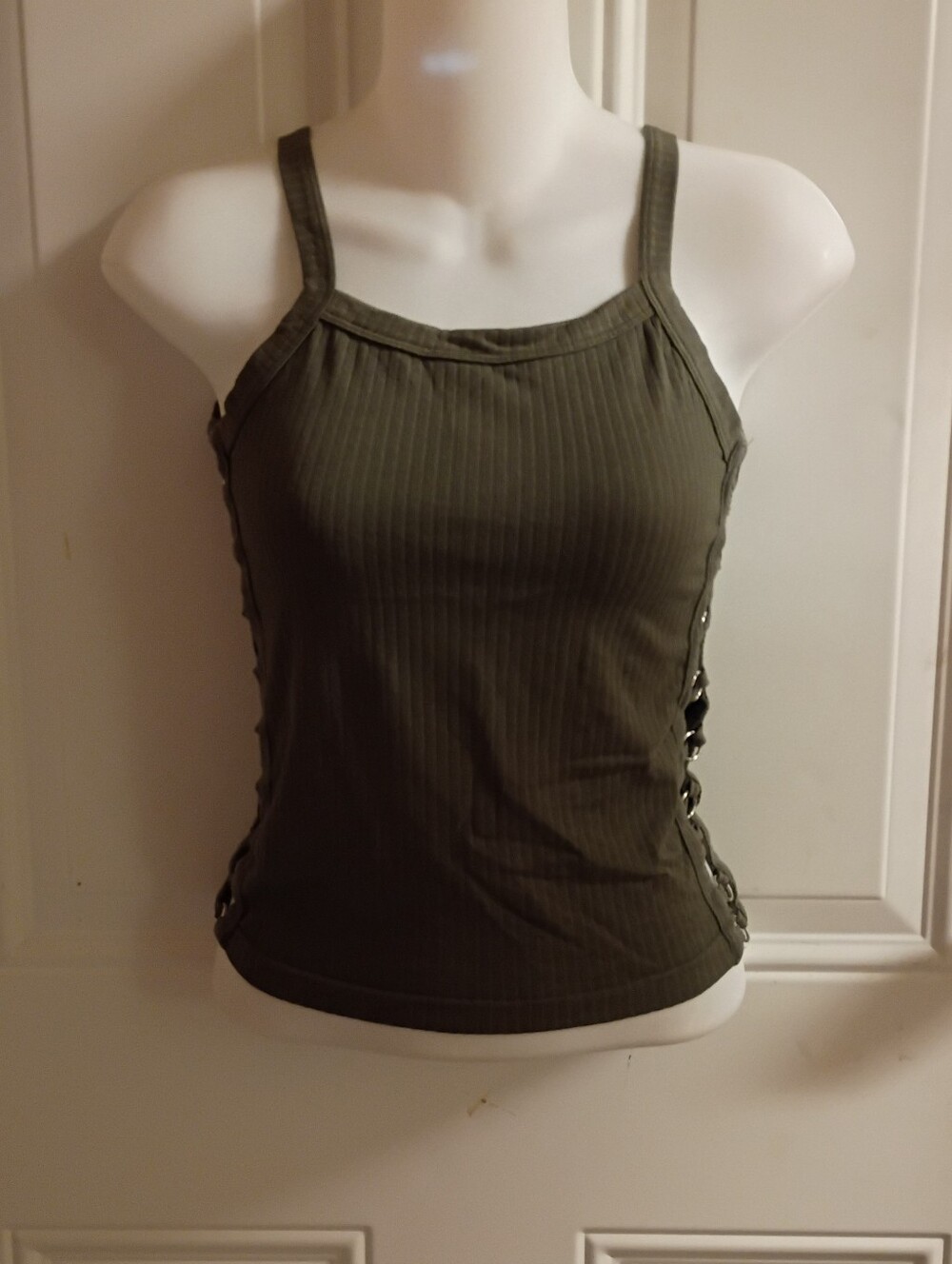 Ribbed Olive Green Lace-Up Tank Top